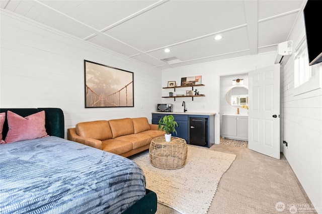 5116 N 40th St, Tacoma, WA 98407 - bedroom featuring wooden walls, recessed lighting, light colored carpet, and wet bar