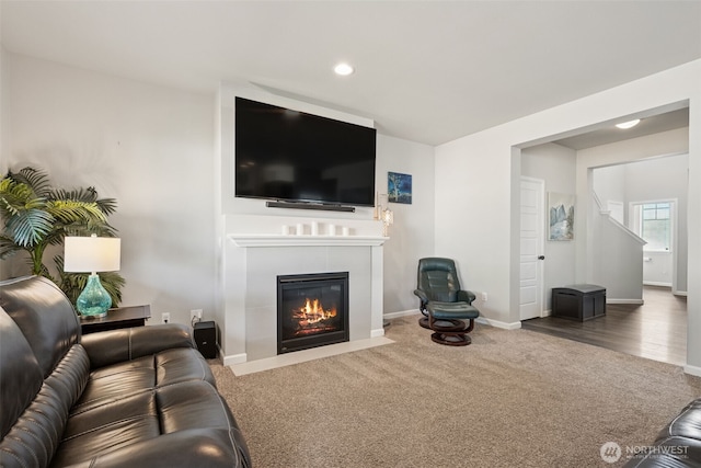 20122 18th Avenue Ct E, Spanaway, WA 98387 - living area featuring carpet, a fireplace, and recessed lighting
