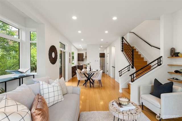 201 20th Ave E, Seattle, WA 98112 - living area with recessed lighting, stairway, and light wood-type flooring
