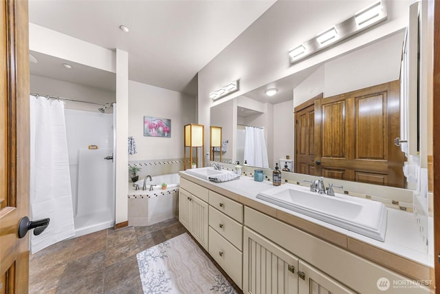 7714 Birch Bay Dr Unit 203, Blaine, WA 98230 - bathroom with double vanity, a bath, a shower with curtain, and stone finish flooring