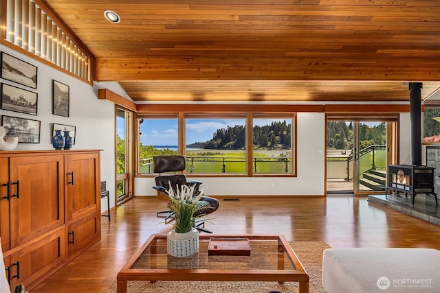 9882 Manitou Beach Dr NE, Bainbridge Island, WA 98110 - living room with wood ceiling, a wood stove, wood finished floors, lofted ceiling, and recessed lighting