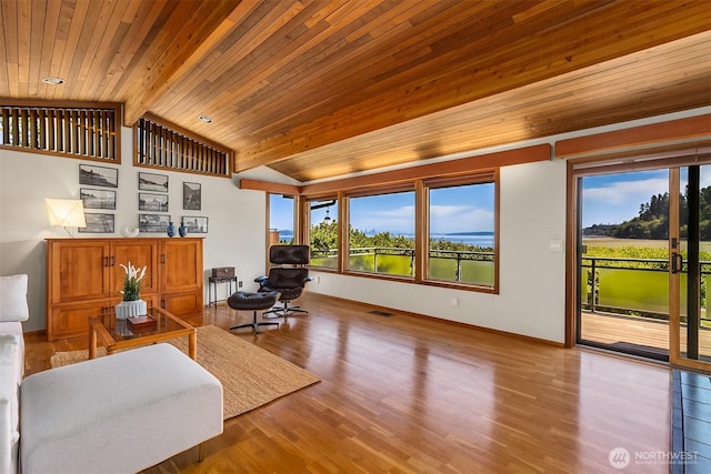 9882 Manitou Beach Dr NE, Bainbridge Island, WA 98110 - living area with healthy amount of natural light, wood ceiling, and wood finished floors