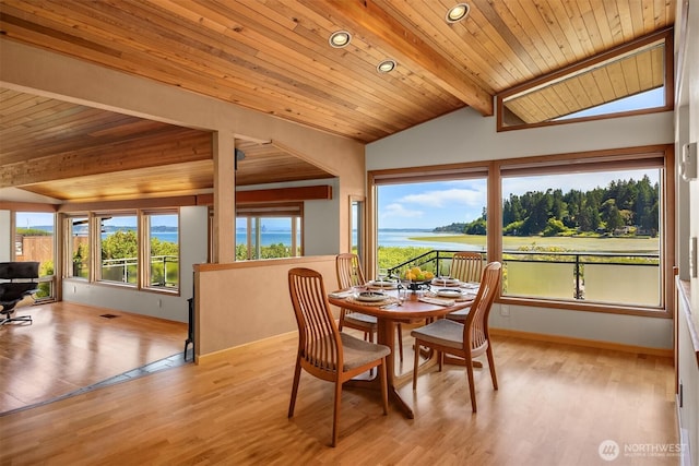 9882 Manitou Beach Dr NE, Bainbridge Island, WA 98110 - dining space featuring wood ceiling, light wood-style floors, recessed lighting, and a water view