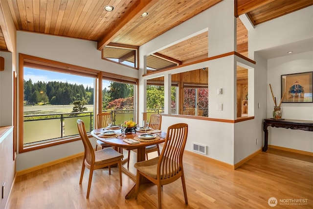 9882 Manitou Beach Dr NE, Bainbridge Island, WA 98110 - dining area featuring plenty of natural light, wooden ceiling, recessed lighting, and light wood finished floors