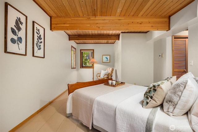 9882 Manitou Beach Dr NE, Bainbridge Island, WA 98110 - bedroom with light tile patterned floors and a wooden ceiling with exposed beams