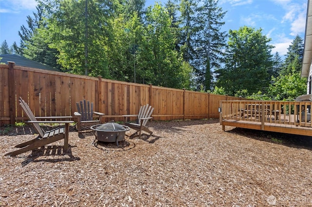 7952 Apache Dr, Maple Falls, WA 98266 - fenced yard with an outdoor fire pit and a wooden deck