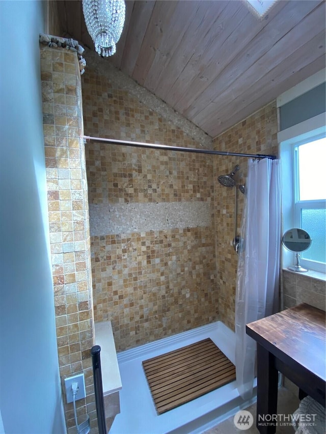 604 Ocean Shores Blvd SW, Ocean Shores, WA 98569 - bathroom with lofted ceiling, a chandelier, a tile shower, and wood ceiling