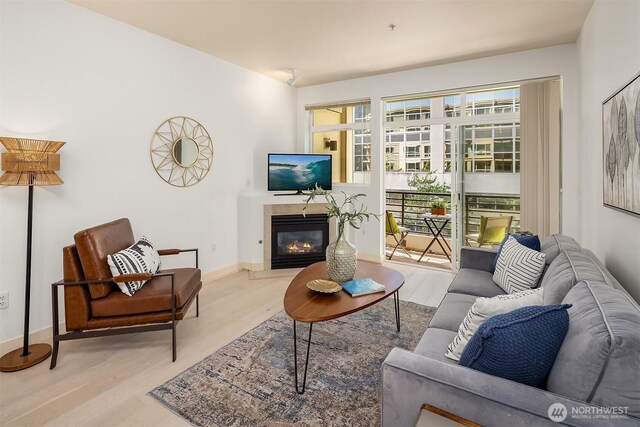 300 110th Ave NE Unit 303, Bellevue, WA 98004 - living room with wood finished floors and a glass covered fireplace
