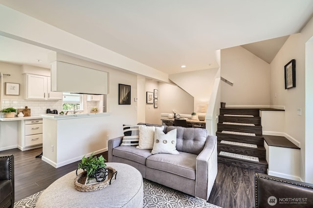 17201 127th Pl NE Unit 101, Woodinville, WA 98072 - living room with stairway, dark wood-type flooring, and recessed lighting