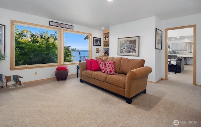 212 Tala Shore Dr, Port Ludlow, WA 98365 - living area featuring carpet floors, plenty of natural light, recessed lighting, and built in shelves