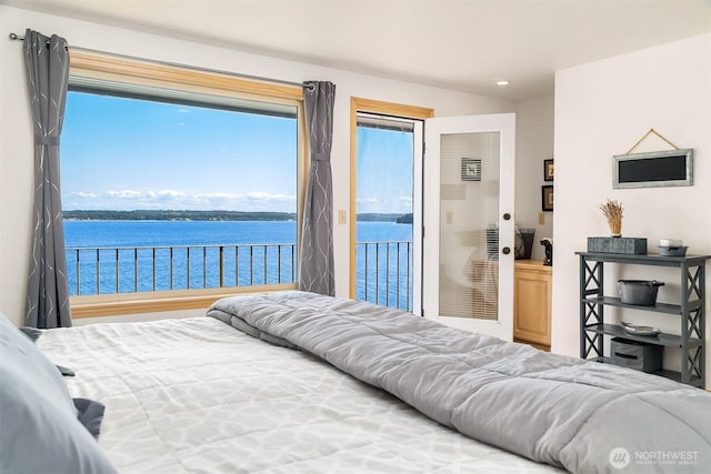 212 Tala Shore Dr, Port Ludlow, WA 98365 - bedroom featuring access to outside and a water view