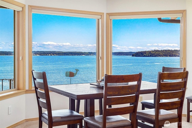 212 Tala Shore Dr, Port Ludlow, WA 98365 - carpeted dining area featuring a water view and baseboards