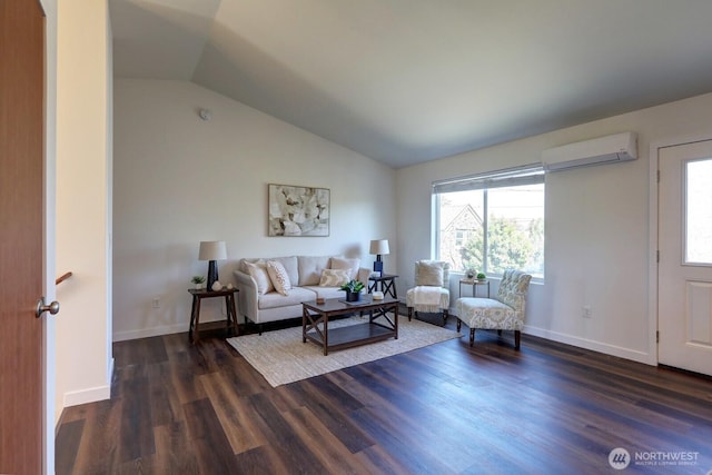1011 S 64th St, Tacoma, WA 98408 - living area featuring a wall mounted AC, lofted ceiling, and dark wood-style floors