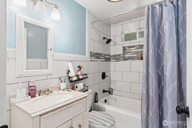 4515 14th Way SE, Lacey, WA 98503 - bathroom with shower / bath combination with curtain, vanity, and wainscoting