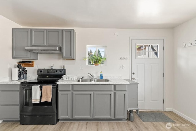 4515 14th Way SE, Lacey, WA 98503 - kitchen with under cabinet range hood, gray cabinetry, and black range with electric stovetop