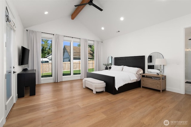 1521 8th St SW, Puyallup, WA 98371 - bedroom with beamed ceiling, access to exterior, light wood-style flooring, recessed lighting, and high vaulted ceiling