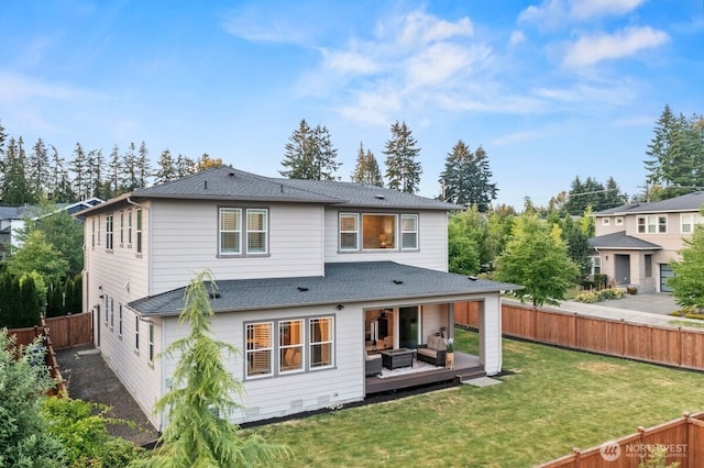 3348 218th St SE, Bothell, WA 98021 - back of house with an outdoor hangout area, a fenced backyard, a deck, and roof with shingles