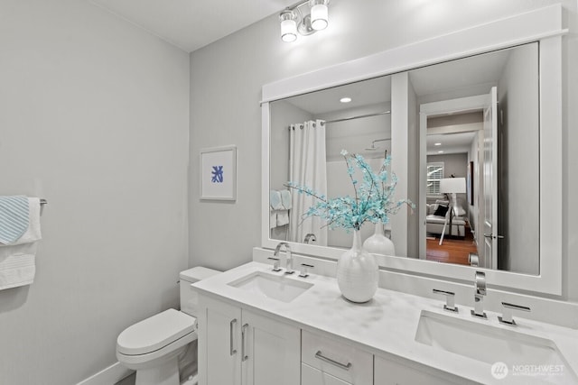 3348 218th St SE, Bothell, WA 98021 - bathroom featuring double vanity and curtained shower