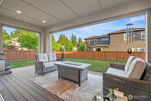 3348 218th St SE, Bothell, WA 98021 - wooden terrace with an outdoor living space and a fenced backyard