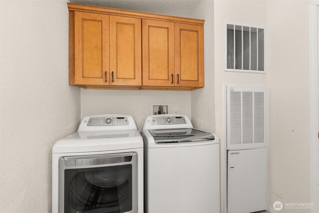 158 S Fork Rd, Raymond, WA 98577 - laundry room featuring washer and clothes dryer, a heating unit, and cabinet space