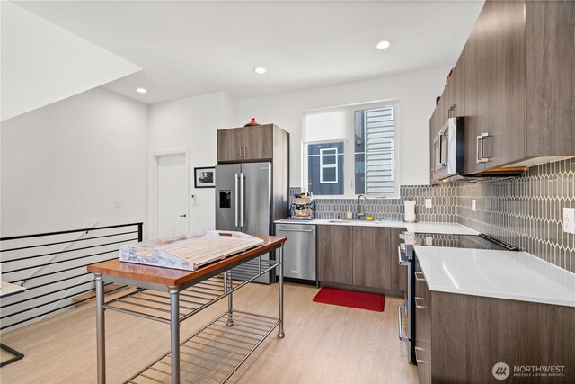 1734 NW 62nd St Unit A, Seattle, WA 98107 - kitchen featuring stainless steel appliances, light wood-type flooring, backsplash, light countertops, and modern cabinets