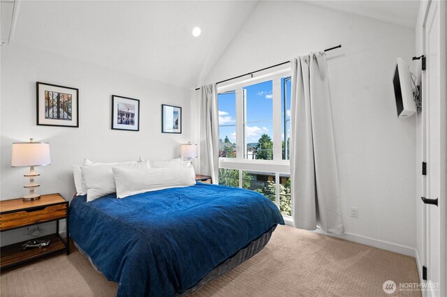 1734 NW 62nd St Unit A, Seattle, WA 98107 - carpeted bedroom featuring high vaulted ceiling and recessed lighting