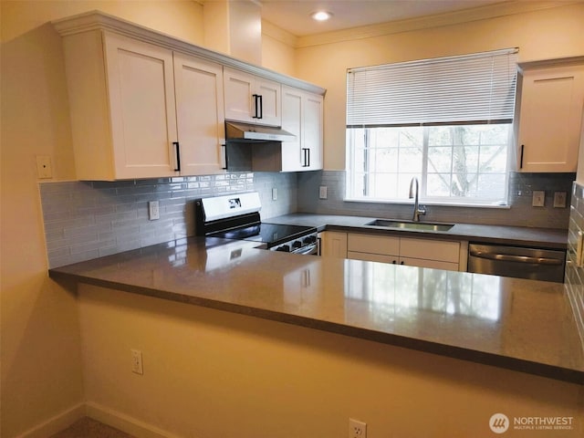 25025 SE Klahanie Blvd Unit D202, Sammamish, WA 98029 - kitchen with electric range, stainless steel dishwasher, under cabinet range hood, a peninsula, and crown molding