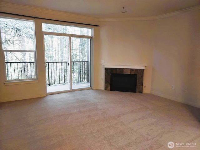25025 SE Klahanie Blvd Unit D202, Sammamish, WA 98029 - unfurnished living room featuring healthy amount of natural light, ornamental molding, a fireplace, and carpet flooring
