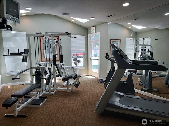 25025 SE Klahanie Blvd Unit D202, Sammamish, WA 98029 - exercise room featuring carpet flooring, vaulted ceiling, recessed lighting, and a skylight