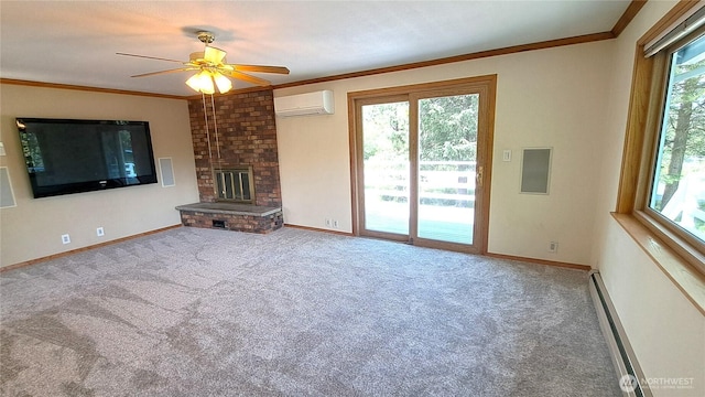 3410 Forest Ct, Bellingham, WA 98225 - unfurnished living room with an AC wall unit, healthy amount of natural light, carpet floors, ornamental molding, and a ceiling fan
