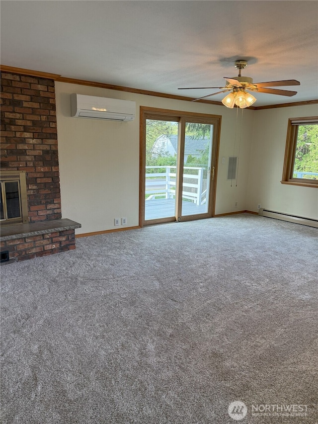 3410 Forest Ct, Bellingham, WA 98225 - unfurnished living room featuring an AC wall unit, baseboard heating, ornamental molding, carpet flooring, and a ceiling fan