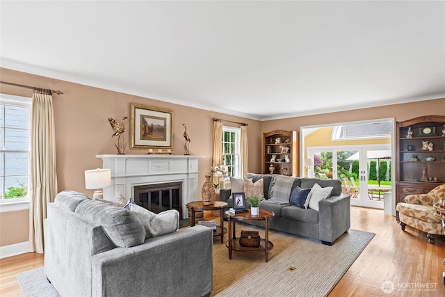 4116 N 39th St, Tacoma, WA 98407 - living room with light wood-style floors, french doors, and a glass covered fireplace