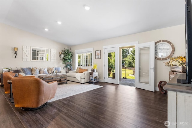 5810 246th St E, Graham, WA 98338 - living room with dark wood finished floors, lofted ceiling, and recessed lighting