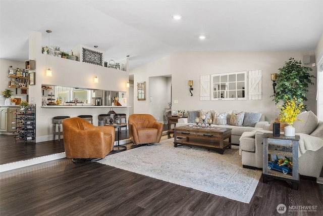 5810 246th St E, Graham, WA 98338 - living area with wood finished floors, lofted ceiling, and recessed lighting