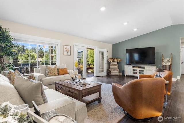 5810 246th St E, Graham, WA 98338 - living room with lofted ceiling, dark wood-style floors, and recessed lighting