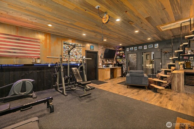 1712 Nelson Siding Rd, Cle Elum, WA 98922 - workout room with a dry bar, wooden ceiling, wood finished floors, and recessed lighting
