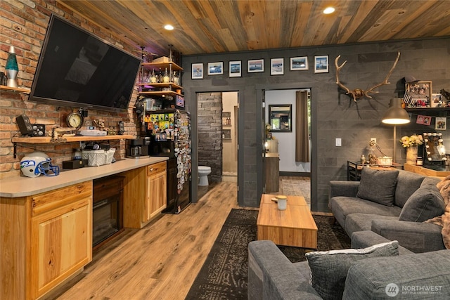 1712 Nelson Siding Rd, Cle Elum, WA 98922 - living room with wooden ceiling, light wood-style flooring, a dry bar, and recessed lighting