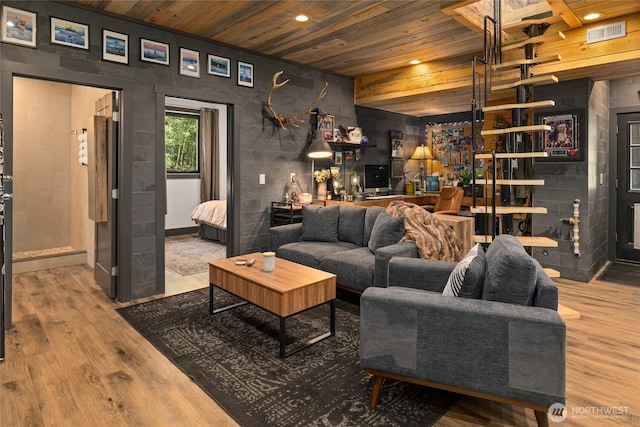 1712 Nelson Siding Rd, Cle Elum, WA 98922 - living room featuring wood ceiling, wood finished floors, and recessed lighting