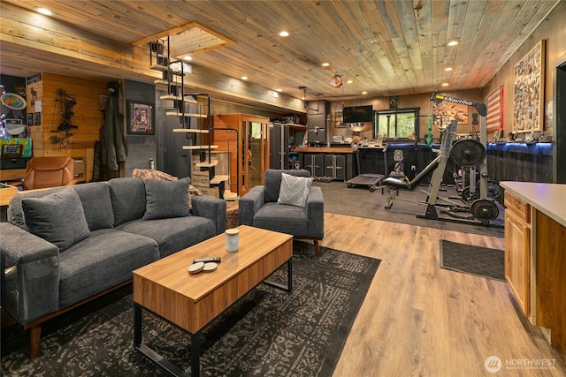 1712 Nelson Siding Rd, Cle Elum, WA 98922 - living room featuring wooden ceiling, wood finished floors, and recessed lighting