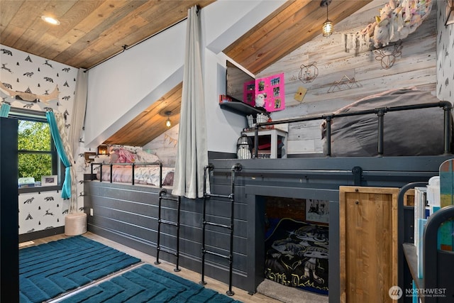 1712 Nelson Siding Rd, Cle Elum, WA 98922 - bedroom featuring wood ceiling, wallpapered walls, vaulted ceiling, recessed lighting, and wooden walls