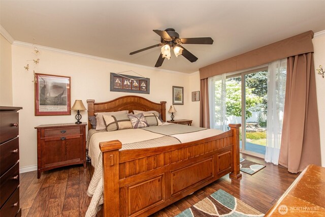 516 E Willow St, Sequim, WA 98382 - bedroom with access to outside, dark wood finished floors, crown molding, and a ceiling fan