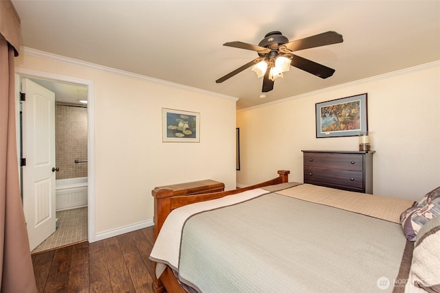 516 E Willow St, Sequim, WA 98382 - bedroom with dark wood finished floors, ornamental molding, ensuite bath, and ceiling fan