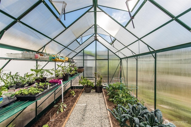 516 E Willow St, Sequim, WA 98382 - view of patio featuring a greenhouse, a vegetable garden, and an outdoor structure