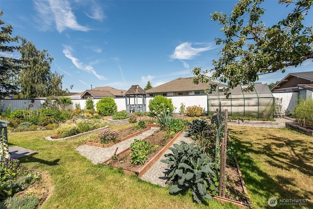 516 E Willow St, Sequim, WA 98382 - fenced backyard featuring an exterior structure, a vegetable garden, and an outbuilding