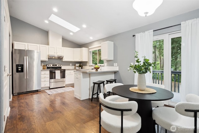 18401 Rampart Dr SE, Yelm, WA 98597 - kitchen featuring stainless steel appliances, a peninsula, vaulted ceiling, a skylight, and under cabinet range hood