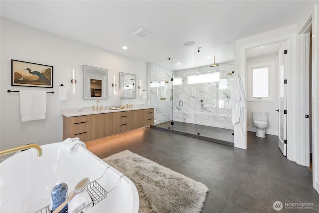 10204NE 43rd St, Kirkland, WA 98033 - bathroom featuring a marble finish shower, a freestanding tub, and double vanity