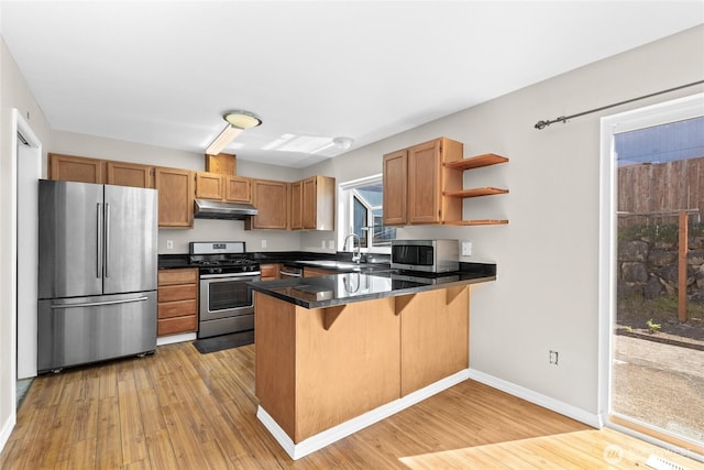 26822 27th Ave S, Kent, WA 98032 - kitchen featuring appliances with stainless steel finishes, under cabinet range hood, a peninsula, dark countertops, and light wood-style flooring