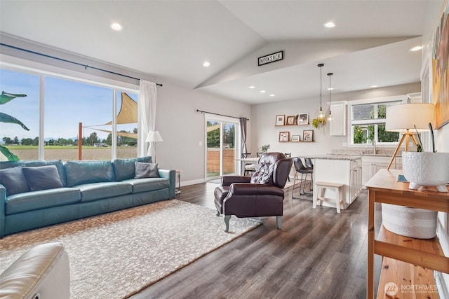 204 Regent Ct, Nooksack, WA 98276 - living area featuring vaulted ceiling, plenty of natural light, dark wood finished floors, and recessed lighting