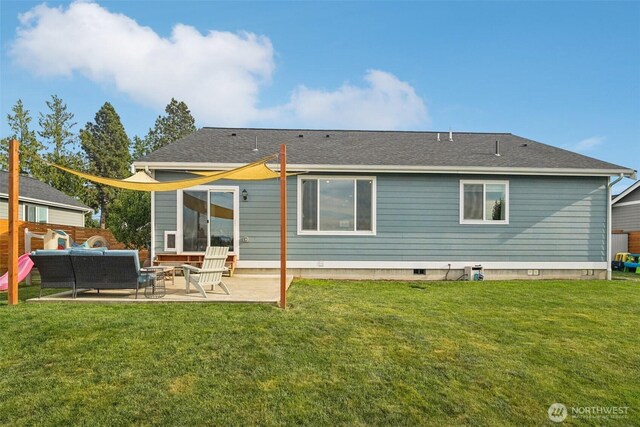 204 Regent Ct, Nooksack, WA 98276 - back of property with a patio, a shingled roof, a yard, and an outdoor living space