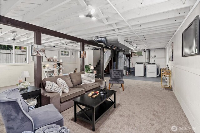 29260 Military Rd S, Federal Way, WA 98003 - carpeted living room featuring washer and clothes dryer and stairs